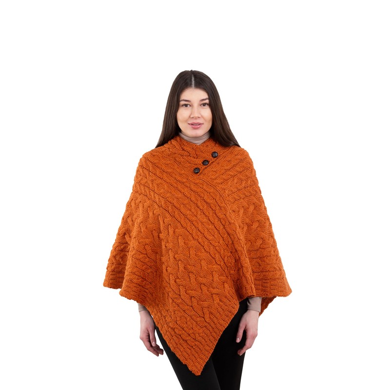 ARAN ISLE Ladies Poncho 100% Virgin Wool Aran Cable Knit