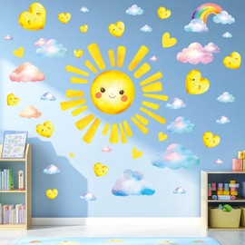 SHUCHING Large Sun Wall Sticker Peel and Stick, Cloud Heart Rainbow Wall Decal for Kids, Removable Vinyl Wall Decor Art Home Decoration for Living Room Bedroom Nursery Playroom