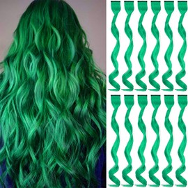 12 PCS Green Hair Extensions Clip in, Curly Wavy Colored Extension for Kids Girls - Party Highlights Synthetic Hairpiece 17 inch