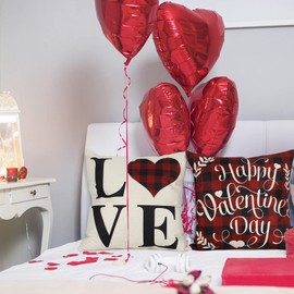 Aoke Valentines Day Pillow Covers 18x18 Inch Set of 4, Buffalo Plaid Red Heart Valentines Throw Pillow Cover, Loads of Love Farmhouse Cotton Linen Cushion Case for Home Outdoor Indoor Decor