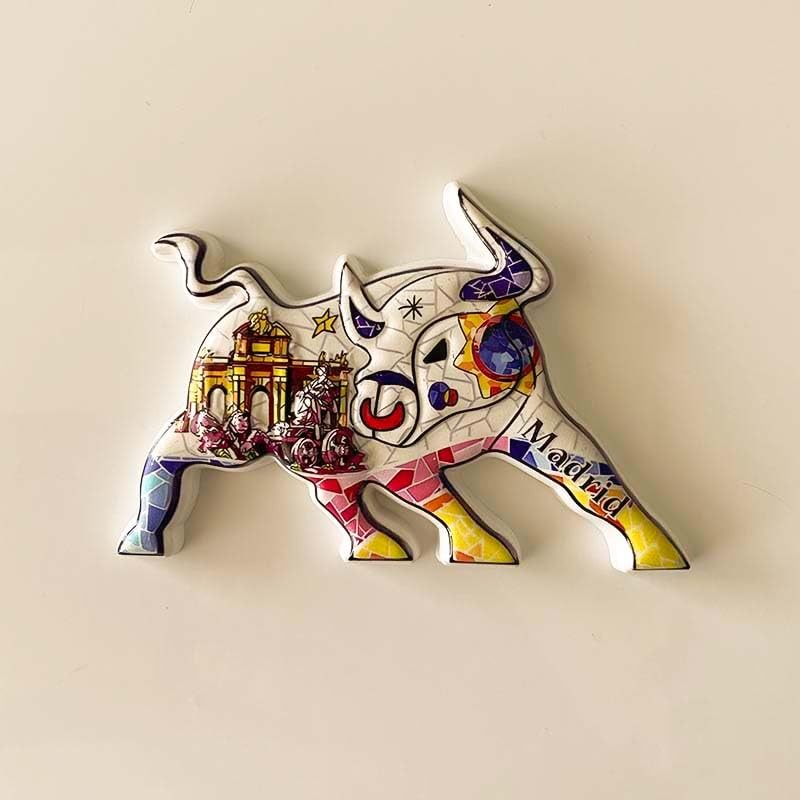 Madrid Bull Decorative Figurine, Artistic Ceramic Souvenir, Hand-Painted Spanish Design