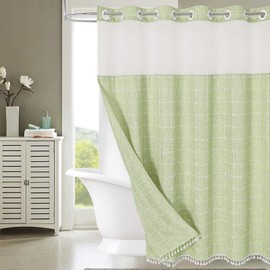 Muuyi Fabric Shower Curtains with Snap in Liner,No Hooks Needed,Tassels Shower Stalls Curtain with Window for Bathroom Decor,Waterproof & Washable,Green,72Wx86H