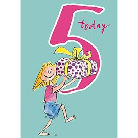Woodmansterne Girl's Birthday Card - Age 5 - Quentin Blake - Little Girl And Present (6127)