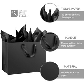 OfficeCastle 4 Pack Extra Large Black Gift Bags, 16x6x12 inch Paper Bags with Handles, Plus 10 Sheets Black Tissue Paper, Ideal for Christmas, Weddings, Birthday, Small Business, Party Favor