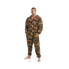 Camille Mens Super Soft Fleece Onesie - Hooded All in One - Long Sleeved and Side Pockets for Ultimate Comfort & Warmth Green Camoflage Small