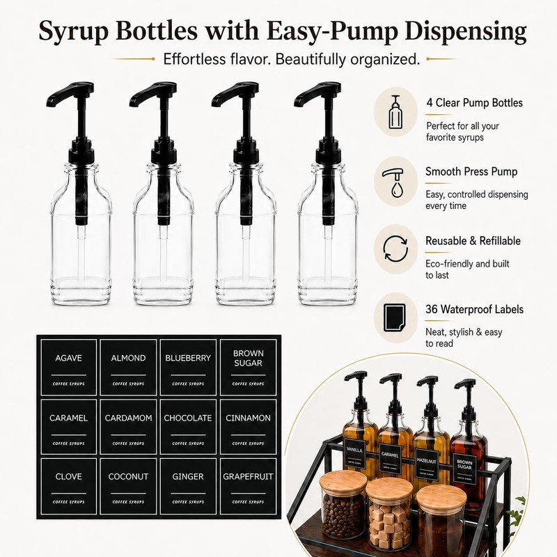 Coffee Bar Syrup Dispenser Set, 4 Pack 16.9oz/500ml Glass Syrup