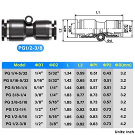 Tailonz Pneumatic Straight Reducing 1/2" Tube OD x 3/8" Tube OD Tube OD Push to Connect Tube Fittings Push Lock PG1/2-3/8 (Pack of 10)