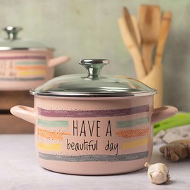 Have a Beautiful Day Vintage Enamel Stock Pot with Glass Lid (5.3-qt. (5 L))
