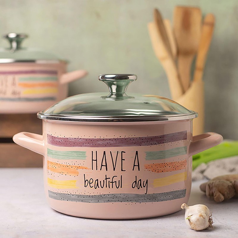 Have a Beautiful Day Vintage Enamel Stock Pot with Glass