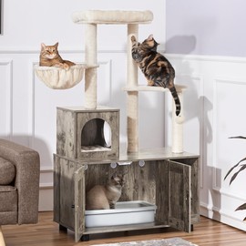 Yaheetech Litter Box Enclosure with Cat Tree, All-in-one Indoor Cat House w/Scratching Posts, Wooden Cat Litter Box Furniture w/Cat Condo, Platform, Greige/Beige
