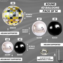 KatchOn, Disco Ball Balloons - Big 22 Inch, Pack of 14 | For Prom Decorations 2025, Graduation Decorations 2025 | 4D Sphere Mettalic Disco Balloons | Birthday Ball Party Decoration, Dance Party Decor