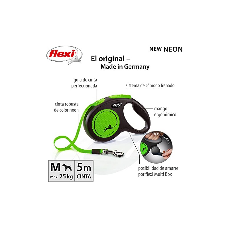 Flexi Correa Neon Verde Mediana De Cinta 5M