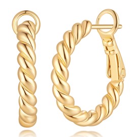 NEARLAND 14K Gold Earrings for Women 14K Gold Hoop Earrings for Women Small Twisted Hoop Earring for Womens Hoops Chunky Gold Hoops Earring for womens 19mm