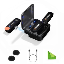 comica Vimo S-UC Professional Microphone,Wireless Lavalier System TX+TX+RX for Android & Video Recording,Interview and Vlogging,2.4G Dual-Channel Recording with Charging Case Black