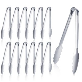12 pieces Buffet Tongs 9'' Inches Serving Tongs Heavy Duty Stainless steel Kitchen and BBQ Utility Tong (Silver, 9inch)