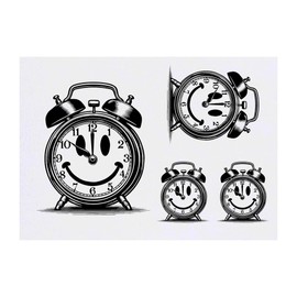 4 x 'Smiling Alarm Clock' Temporary Tattoos - Water Resistant, Skin-Safe, Non-Toxic Transfers, Mixed Sizes (TO00085468)
