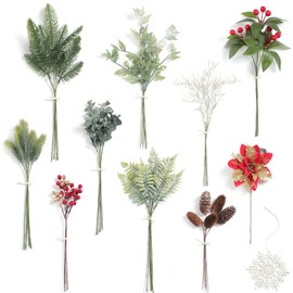 Koroni Flowers Christmas Artificial Greenery Stems Box Set,51pcs with 11 Kinds of Faux Greenery Picks for DIY Christmas Decorations Floral Arrangement Table Centerpieces and Wedding Bouquet Filler