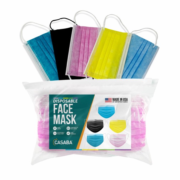 Casaba 50 Pack - 5 Colors Disposable Face Masks 3-Ply