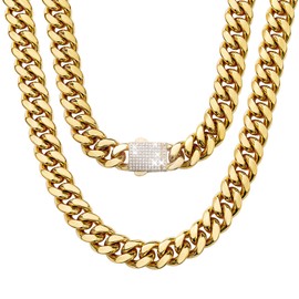 Granny Chic Cuban Link Chain Necklace or Bracelet with Bling Bling Cubic Zirconia Iced-Out Clasp for Men 14mm 18K Gold Stainless Steel Hip Hop Miami Curb Chains(14mm, 16")