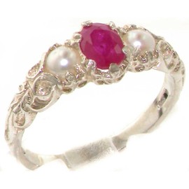 LetsBuyGold 925 Sterling Silver Real Genuine Ruby and Cultured Pearl Womens Trilogy Ring - Size 11