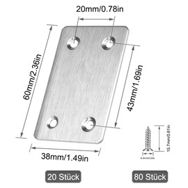 Set of 20 Stainless Steel Flat Connectors - 38 x 60 mm Perforated Plates for Wooden Constructions, Furniture Repair and Fixings, Includes Screws (Silver)
