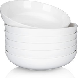 Large Pasta Bowls Set of 6, White Pasta Plates, Shallow Wide Dinner Bowls, Serving Bowl Set, Premium Porcelain Pasta salad Bowls, Ceramic Plate Bowls for Kitchen, Microwave Dishwasher Safe, 8 inch