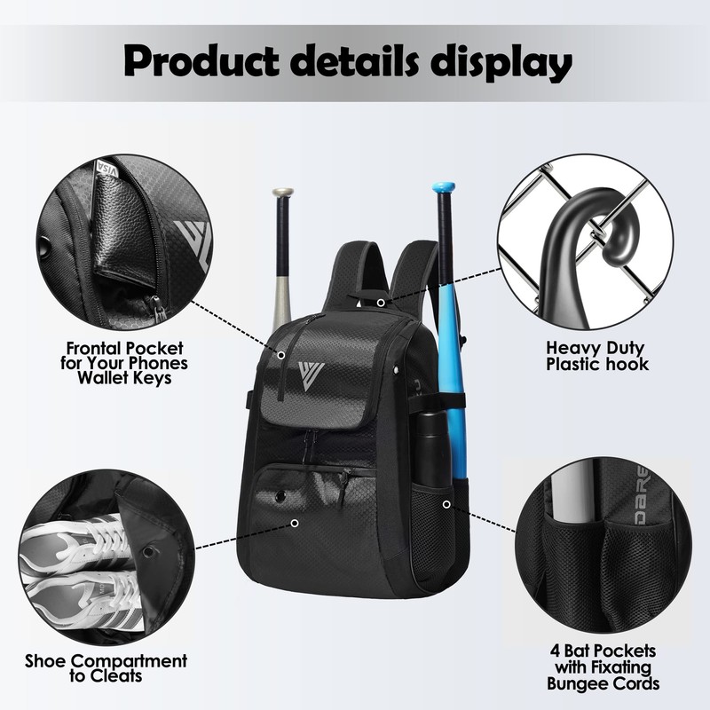 DAREKUKU Youth Baseball Backpack, Softball Bags for Boys and Adults