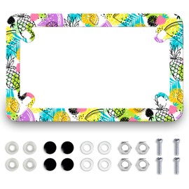 Motorcycle Hawaiian Pineapple License Plate Frame Colorful Stainless Steel Funny Motorbike License Plate Holder Tag Holder Motorcycle Accessories Decoration Men Women 7.7" x 4.5"