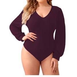 Milumia Women's Plus Size V Neck Long Sleeve Bodysuit Leotards Basic Shirts Jumpsuit Burgundy 2XL