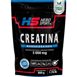 Hero Sport Creatina Monohidratada de Alta Pureza 800g en Polvo. 5g de Creatina por Porción, 100% Pura, 100% Natural, 0 Azúcar, Sin Sabor, Sin Olor, Bottle Free, Incluye Cuchara Medidora.