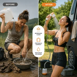 Portable Camping Shower for Outdoor Washing – Rechargeable Pump Kit with Filter, LED Light & Adjustable Water Flow