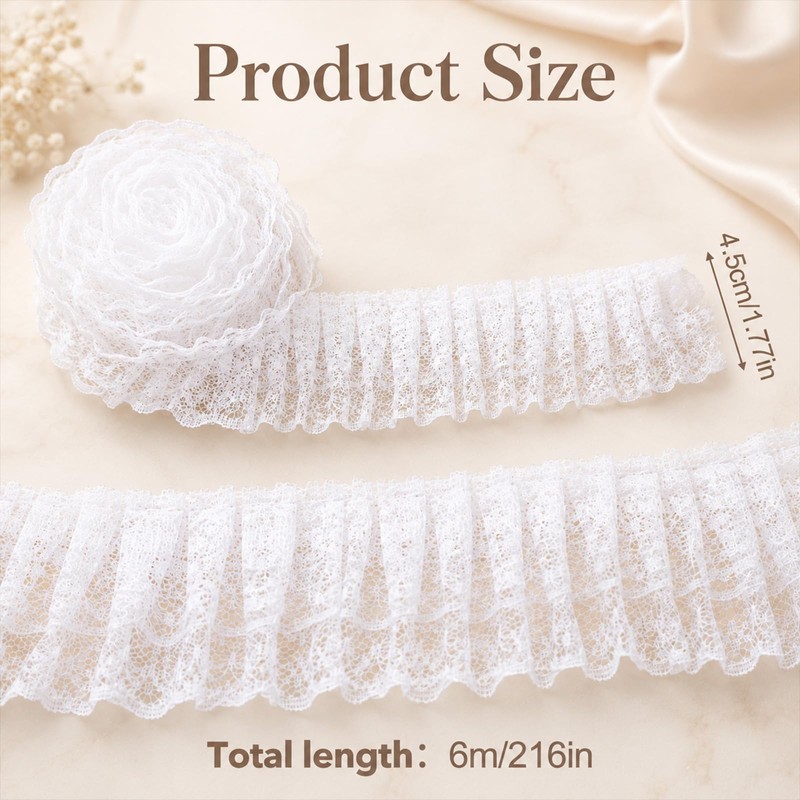 White Lace Ribbon, 1.8" x 6 Yards Double Layer Ruffle
