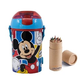 OM SUPPLIES Mickey Pop Up Water Bottle Drink Bottle Flask with Neck Cord for Easy Carry School Lunch Kids Childrens 450ml Includes Half Size 12pcs Pencil Set (Mickey)