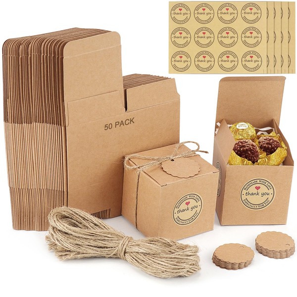 Empty Kraft Gift Box 50 Pieces Square Box + Hemp Rope + Label Reusable Cardboard Gift Packaging Box for Birthday Weddings Party Favours (7 x 7 x 7 cm)