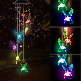 Solarek Hummingbird Color-Changing LED String Lights, Solar Mobile Wind Chime with 6 Colorful Waterproof Hummingbirds for Outdoor Decoration, Patio, Porch, Deck, Tree, Yard, Lawn, Garden