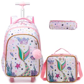 Egchescebo Kids Rolling Backpack for Girls Mermaid Suitcases Trolley Roller Luggage Backpacks on Wheels with Lunch Box Pencil Case for Elementary Multiple Compartment Pockets Travel School Bag Pink