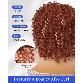 Marshey Afro Curly Wigs with Bangs for Black Women Kinky Curly Synthetic Hair Heat Resistant 12 Inch Short Ginger Wig for Daily Party