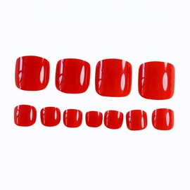 YOMCI Press on Toenails Square Fake Toenails for Big Toe Glue On Toenails Artificial Feet Toenails Kit Full Cover Stick On Toe Nails for Women Red Toe Nails 24Pcs (Red)