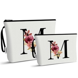 Vavabox 2 Pcs Initial Toiletry Bags Set,Birthday Gifts for Women,Travel Portable Makeup Bag with Handle (M, White)