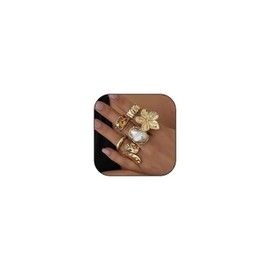 NORLSO Chunky Gold Rings Set for Women Baroque Pearl Rings Gemstone Flower Ring Adjustable Statement Open Ring Trendy Party Jewelry Gifts (Gold1)