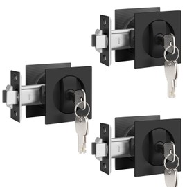 EHOMEWARE 3 Pack Keyed Alike Pocket Door Handles, Black Sliding Pocket Door Lock, Flush Pocket Door Hardware, Heavy Duty Recessed Pocket Door Latch, Modern Square Design