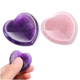 Jovivi 2pcs Thumb Worry Stones for Anxiety Natural Amethyst Rose Quartz Heart Gemstone Pocket Stones Hand Carved Healing Crystals Reiki Palm Stone for Women Meditation Gifts