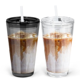 Icesip 15oz Iced Coffee Glas Cup Set of 2 with Lid Straw Thick Leak Proof Drinking Glasses Tumbler for Gift Cold Drink Smoothie Boba Tea(Gray & Clear)
