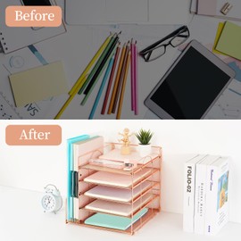 AUPSEN Desk Organizer with File Holder, 5 Trays Paper Letter Tray Organizer, Mesh Desk Organizers and Accessoriesand for Home Office (Rose Gold)
