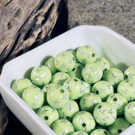Cascade Jewelry Vintage Retro Lime Green Silver Stars 12mm Round Acrylic Shabby Beads 10 pcs