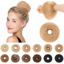 SEGO Larger Human Hair Bun, Real Hair Messy Bun Hairpieces Scrunchies Natural Smoothed Tousled Updo Donut Chignon Ponytail Extensions for Women Girls-S-#12RP613R Golden Brown&Bleach Blonde