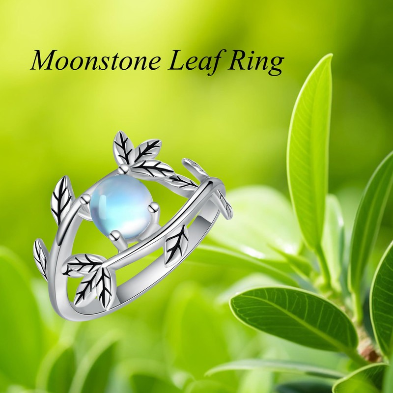 MONGAS Leaf Ring Sterling Silver Moonstone Leaf Ring Adjustable Branch