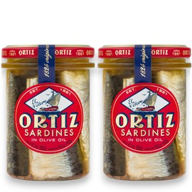 Ortiz Sardines A la Antiqua 'Old Style', Moist and Tender, Wild Caught in Spain and Hand-Packed in Premium Extra Virgin Olive Oil, Enjoy in Salads, Sandwiches and on Toast, 6.7oz Jar (Pack of 2)