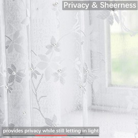 WestWeir Lace Curtains - 36 Inch Length Kitchen Lace Curtains with Scalloped Edge & Vine Floral Design - Soft Rabbit Hollow Lace Fabric for Kitchen (55" Wx 36" L, White) Set of 2