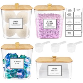 3+1 Pack Laundry Pods Container,Clear Laundry Room Organization Containers,Large Laundry Detergent Powder Storage Containers with Bamboo Lids & Labels,Laundry Pods Holder for Scent Booster,Powder,Pods